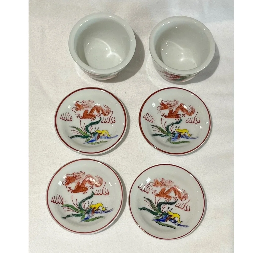 Vintage Chinese Porcelain Dragon Phoenix Tea Cup and Saucer Set of 6 Handpainted